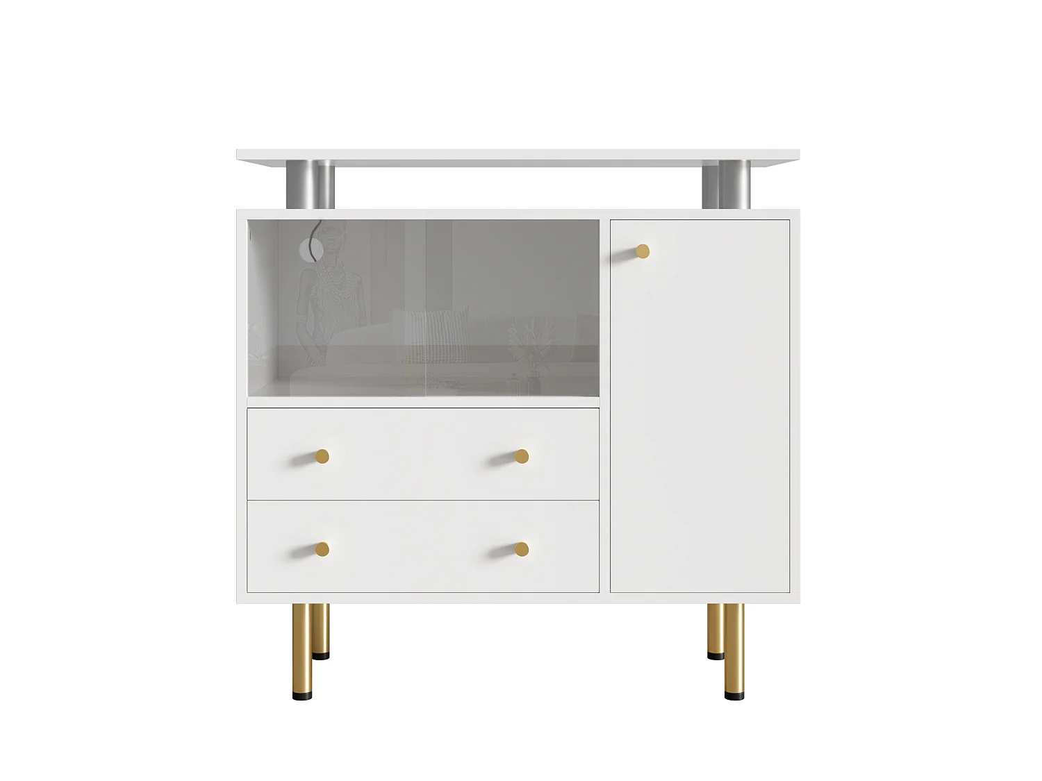 Buffet LED avec 2 portes coulissantes en verre et 2 tiroirs - Blanc 80 × 35 × 80 cm