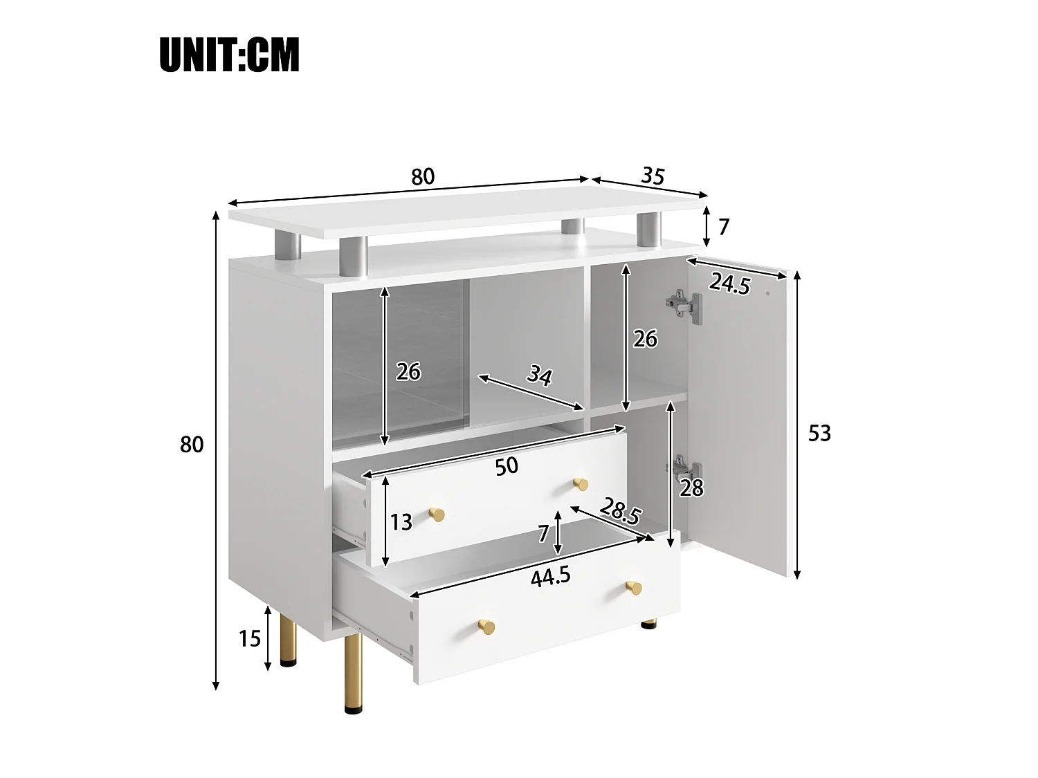 Buffet LED avec 2 portes coulissantes en verre et 2 tiroirs - Blanc 80 × 35 × 80 cm
