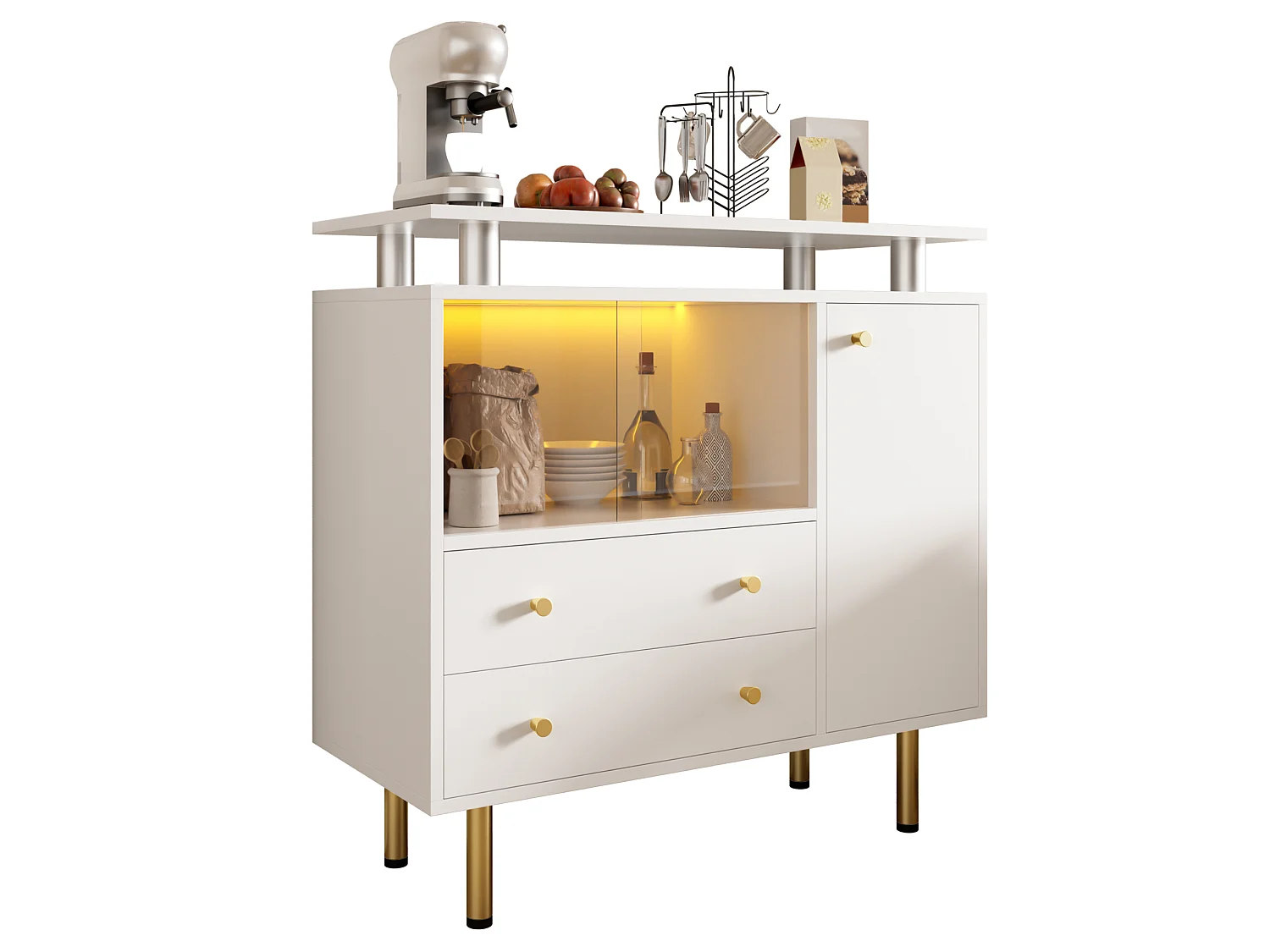 Buffet LED avec 2 portes coulissantes en verre et 2 tiroirs - Blanc 80 × 35 × 80 cm