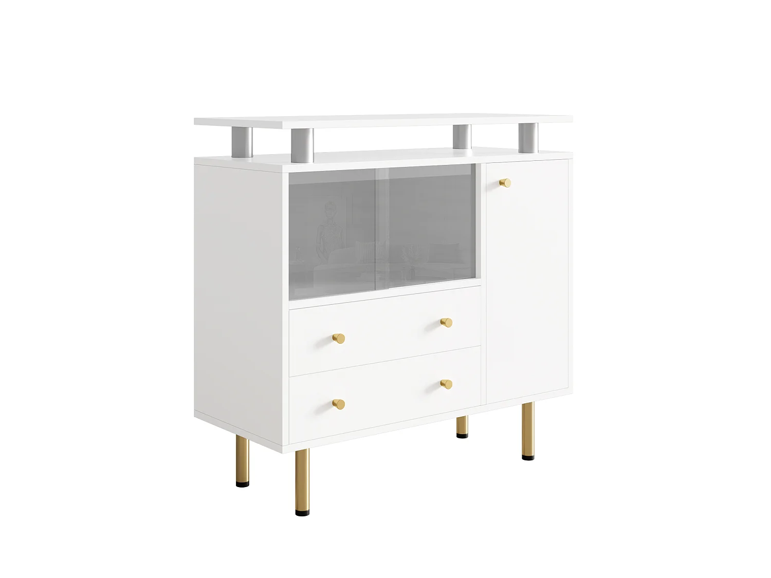 Buffet LED avec 2 portes coulissantes en verre et 2 tiroirs - Blanc 80 × 35 × 80 cm