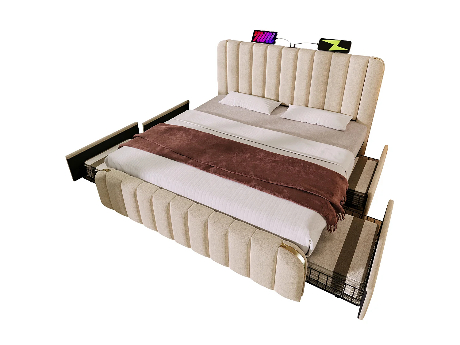 Lit adulte 140x190 cm avec 4 tiroirs, USB et Type-C - Lin beige