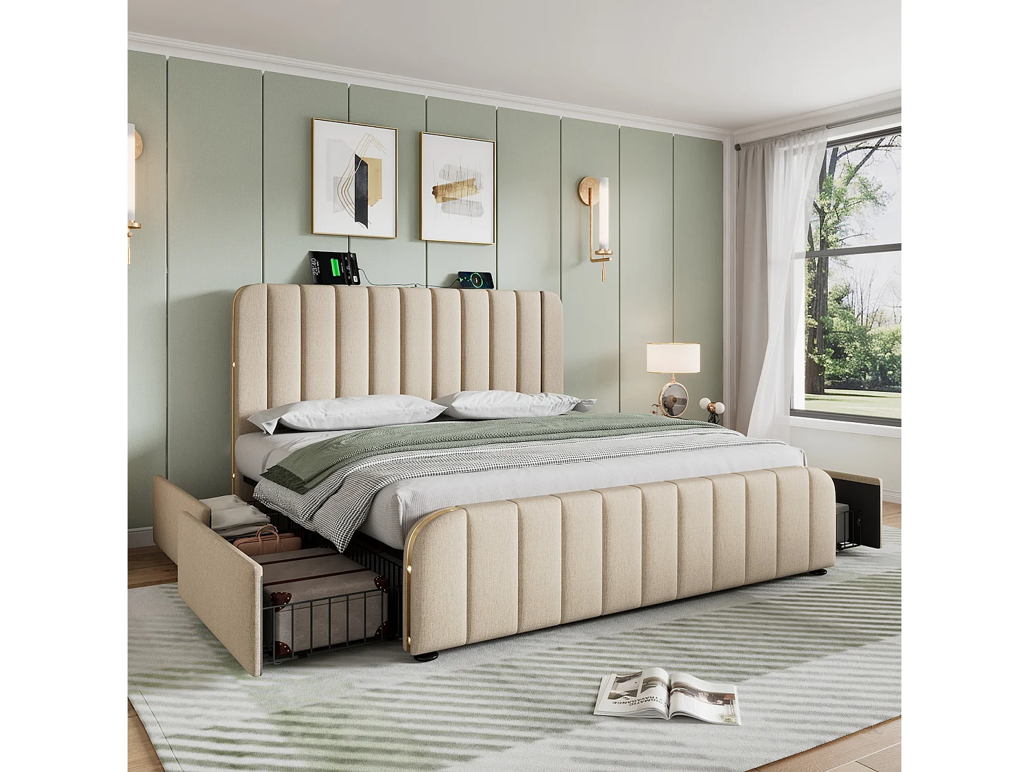 Lit adulte 140x190 cm avec 4 tiroirs, USB et Type-C - Lin beige