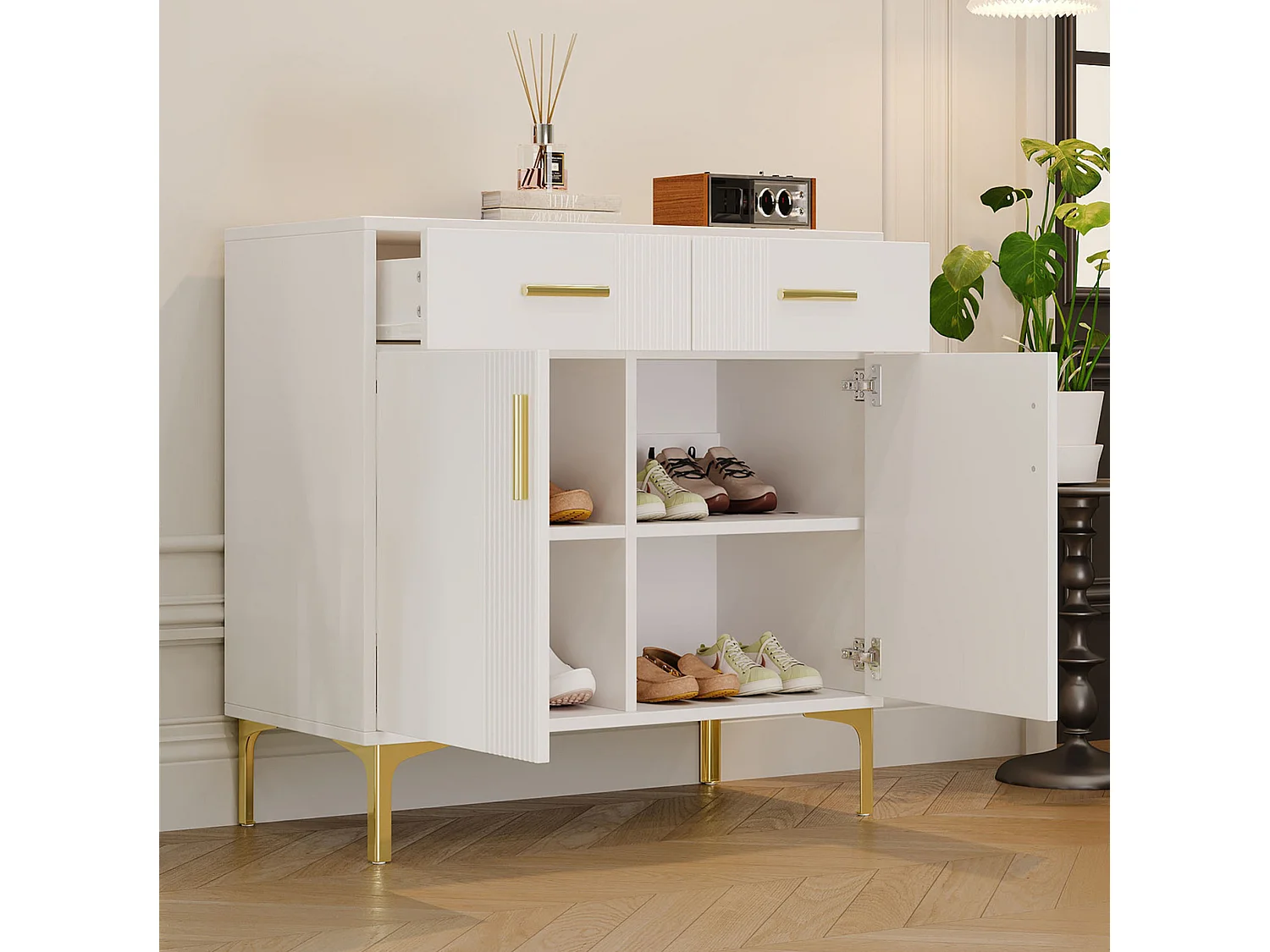 Buffet moderne à 2 portes et 2 tiroirs - Blanc 80 × 35 × 79,5 cm