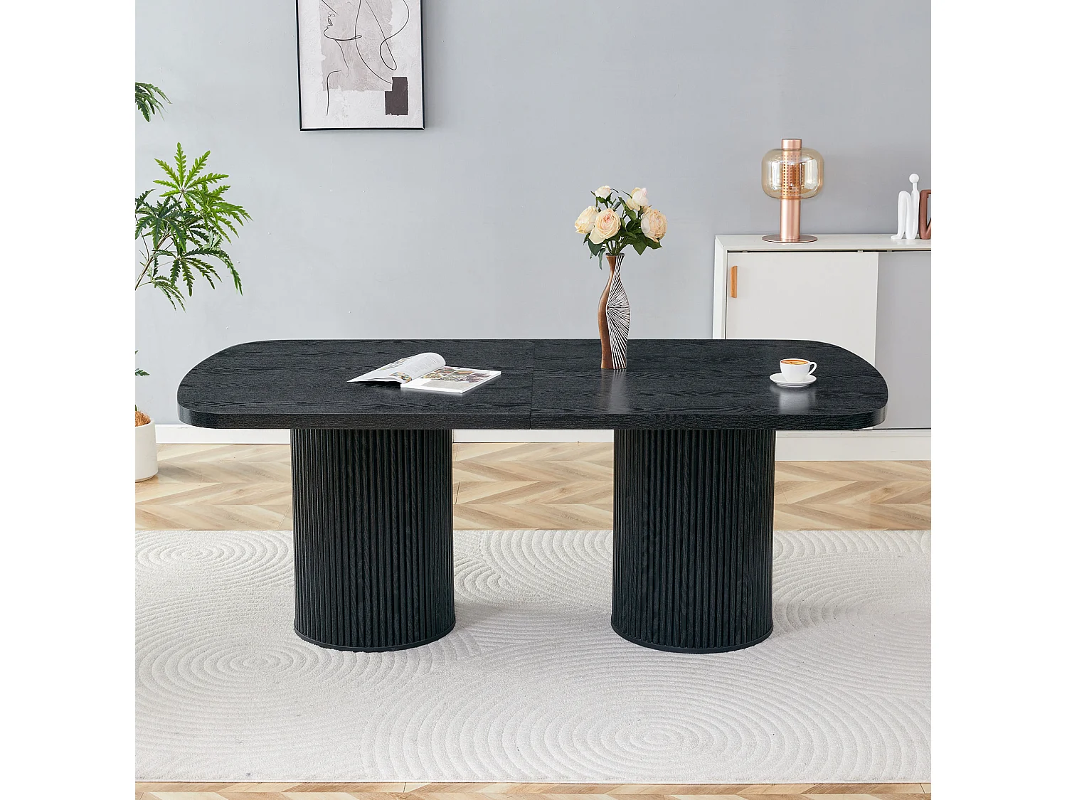 Table à manger ovale 180 x 90 cm noire pour 6 à 8 places - Pied central cannelé