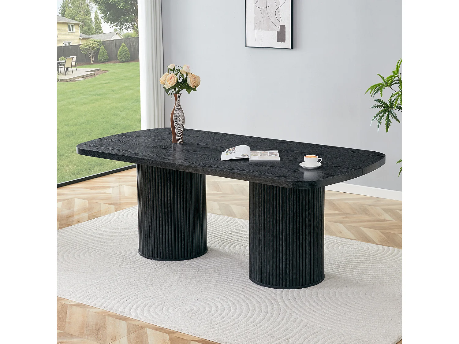 Table à manger ovale 180 x 90 cm noire pour 6 à 8 places - Pied central cannelé