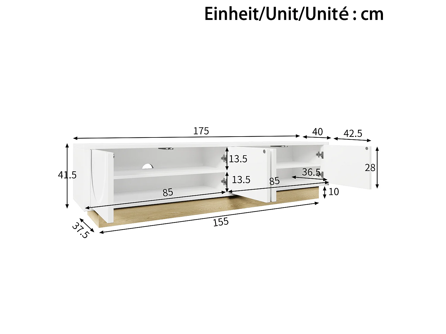 Meuble TV 175 x 40 x 41.5 cm blanc avec 4 portes - Ouverture push-to-open