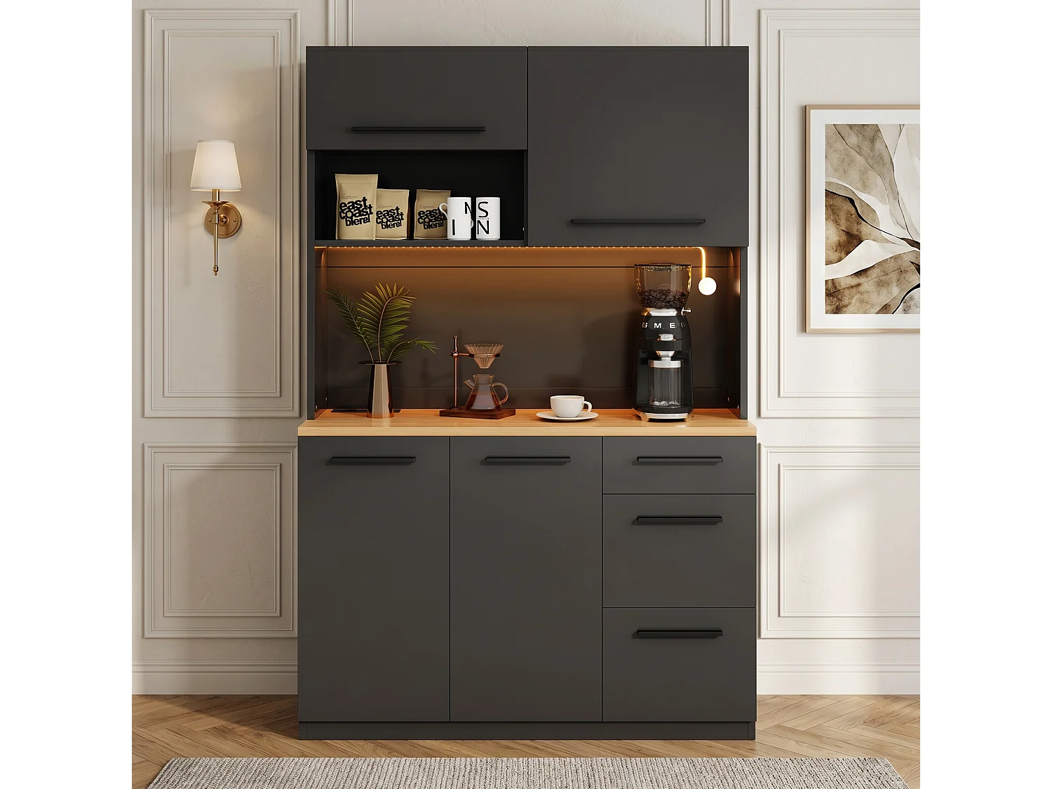 Keukenkast 120 × 40 × 180 cm met opbergruimte, stopcontact en ledverlichting - Zwart