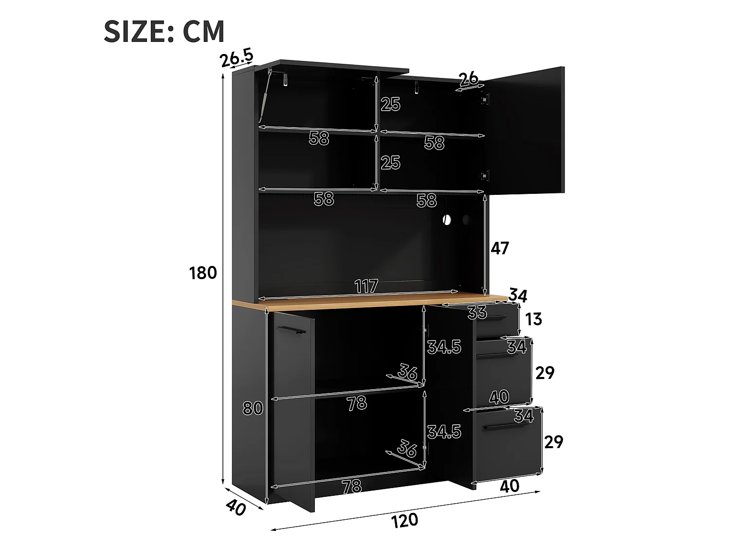 Keukenkast 120 × 40 × 180 cm met opbergruimte, stopcontact en ledverlichting - Zwart