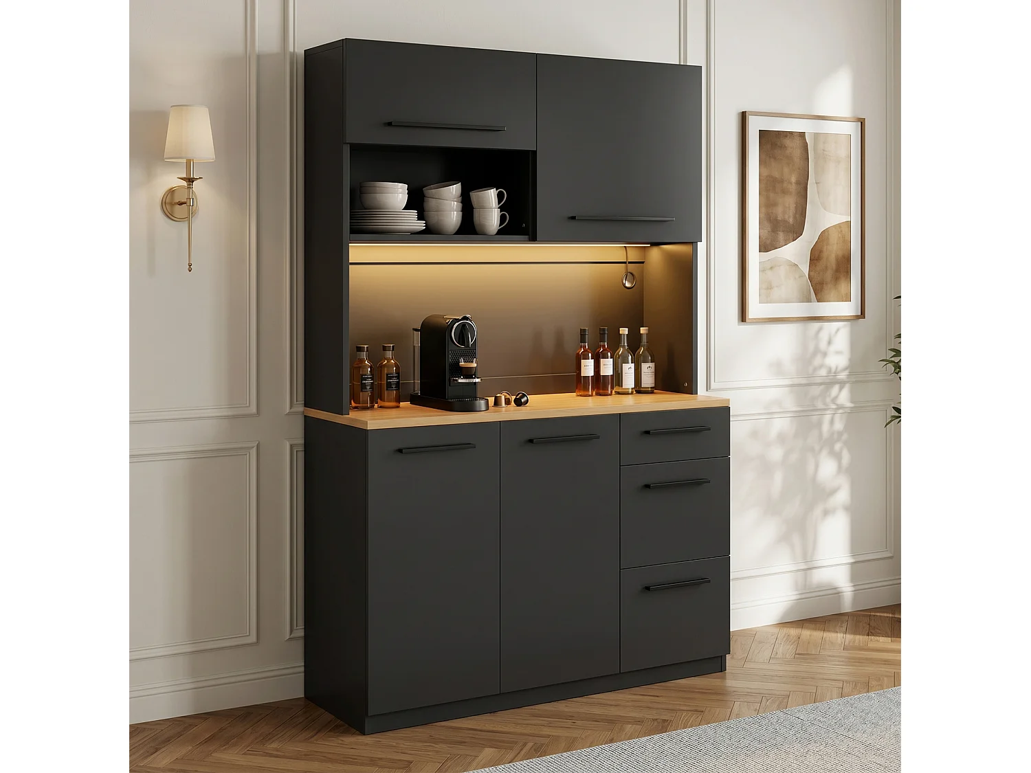 Keukenkast 120 × 40 × 180 cm met opbergruimte, stopcontact en ledverlichting - Zwart