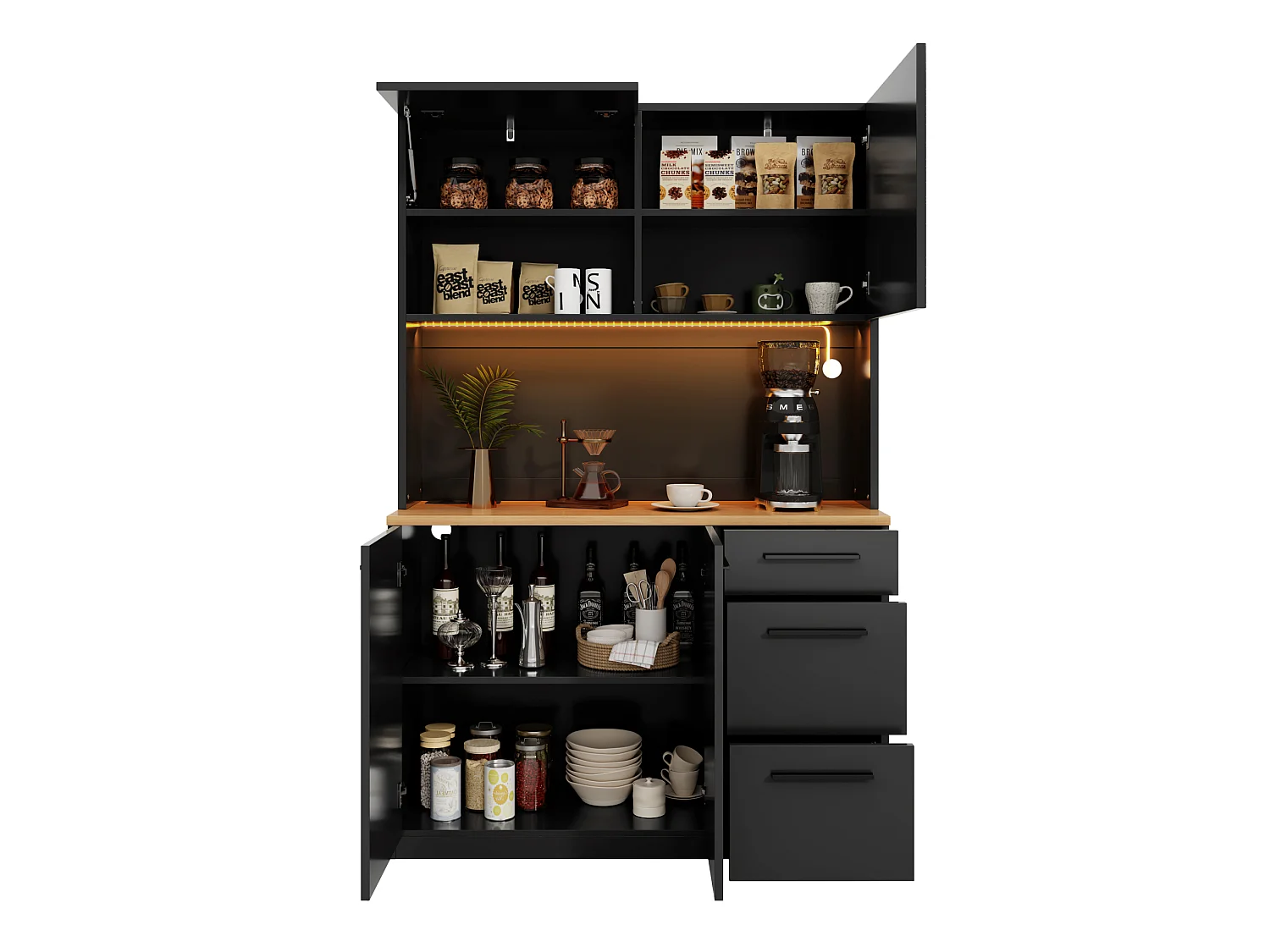 Keukenkast 120 × 40 × 180 cm met opbergruimte, stopcontact en ledverlichting - Zwart