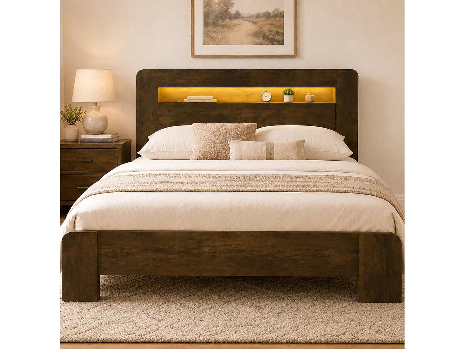 Cama adulta de 140x200 cm con almacenamiento, iluminación LED integrada y tomas de corriente - Color madera oscura