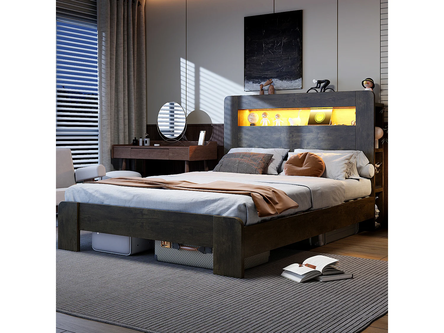 Cama adulta de 140x200 cm con almacenamiento, iluminación LED integrada y tomas de corriente - Color madera oscura