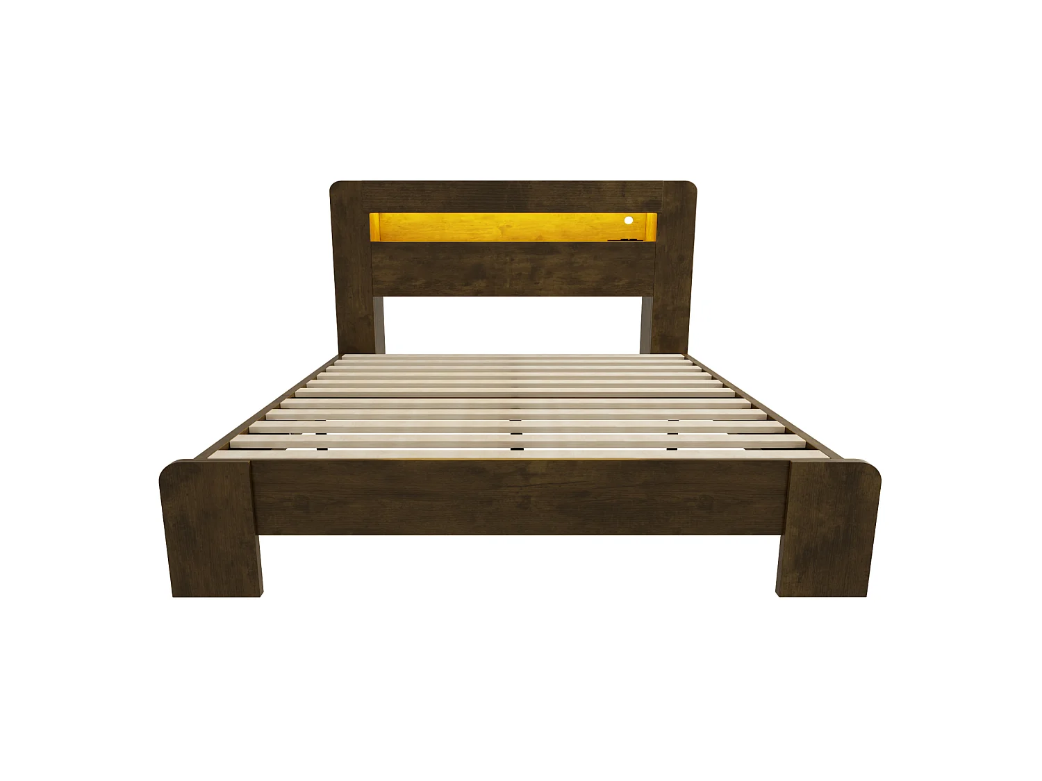 Cama adulta de 140x200 cm con almacenamiento, iluminación LED integrada y tomas de corriente - Color madera oscura