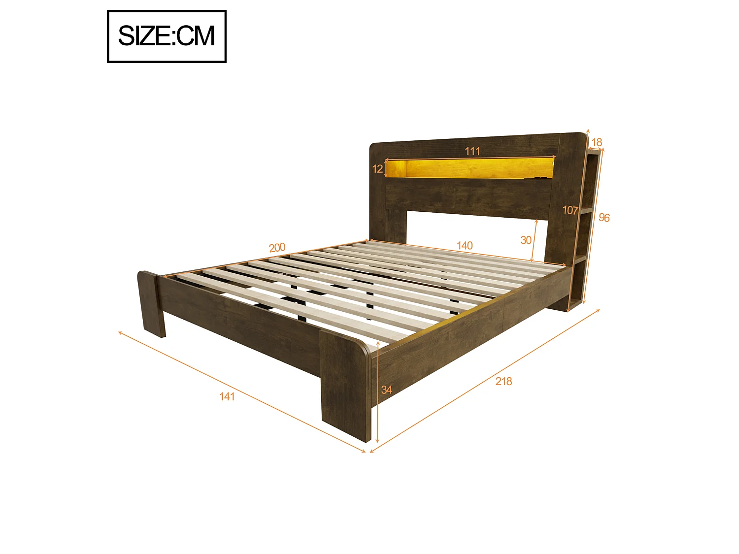 Cama adulta de 140x200 cm con almacenamiento, iluminación LED integrada y tomas de corriente - Color madera oscura