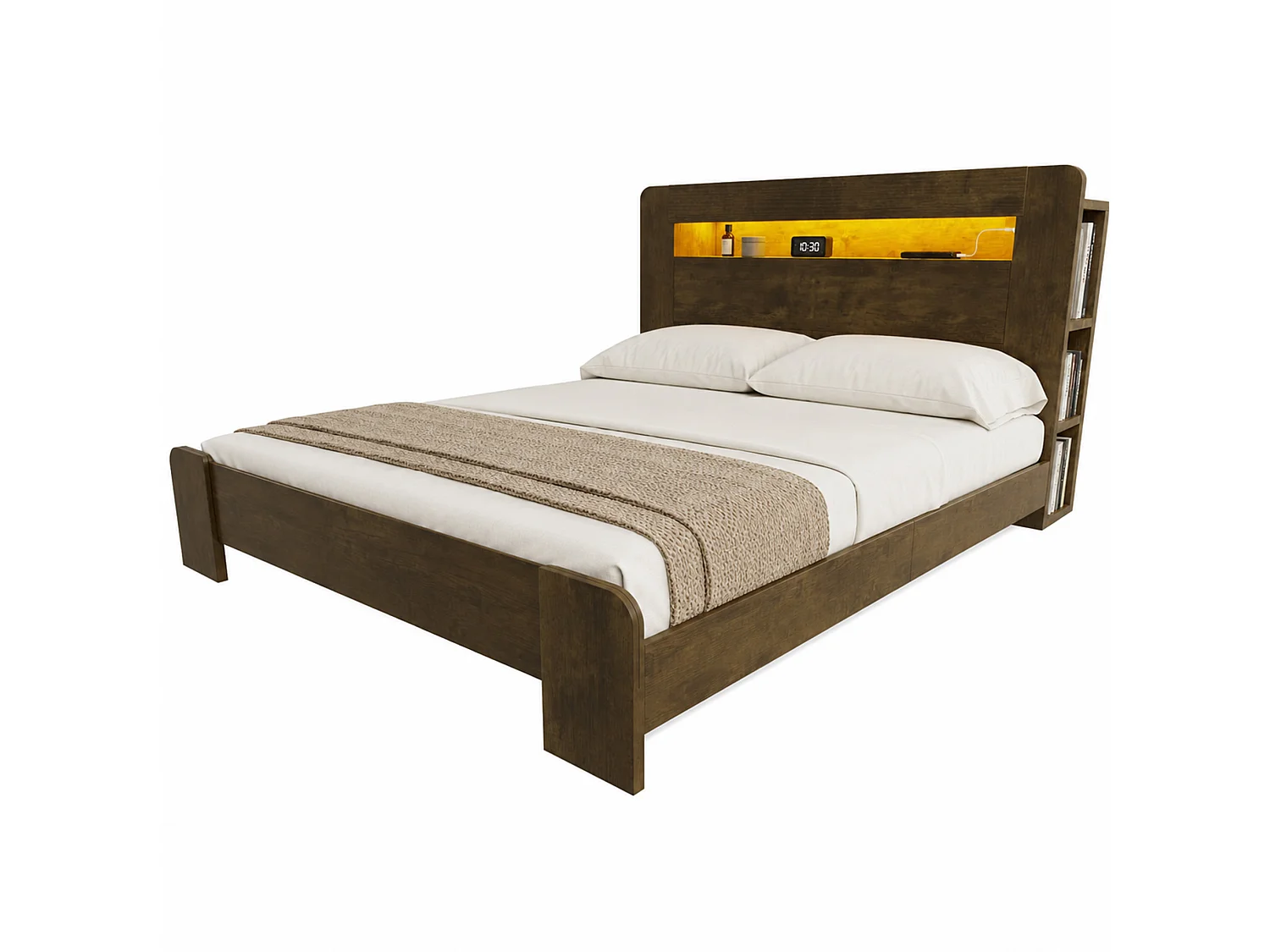 Cama adulta de 140x200 cm con almacenamiento, iluminación LED integrada y tomas de corriente - Color madera oscura