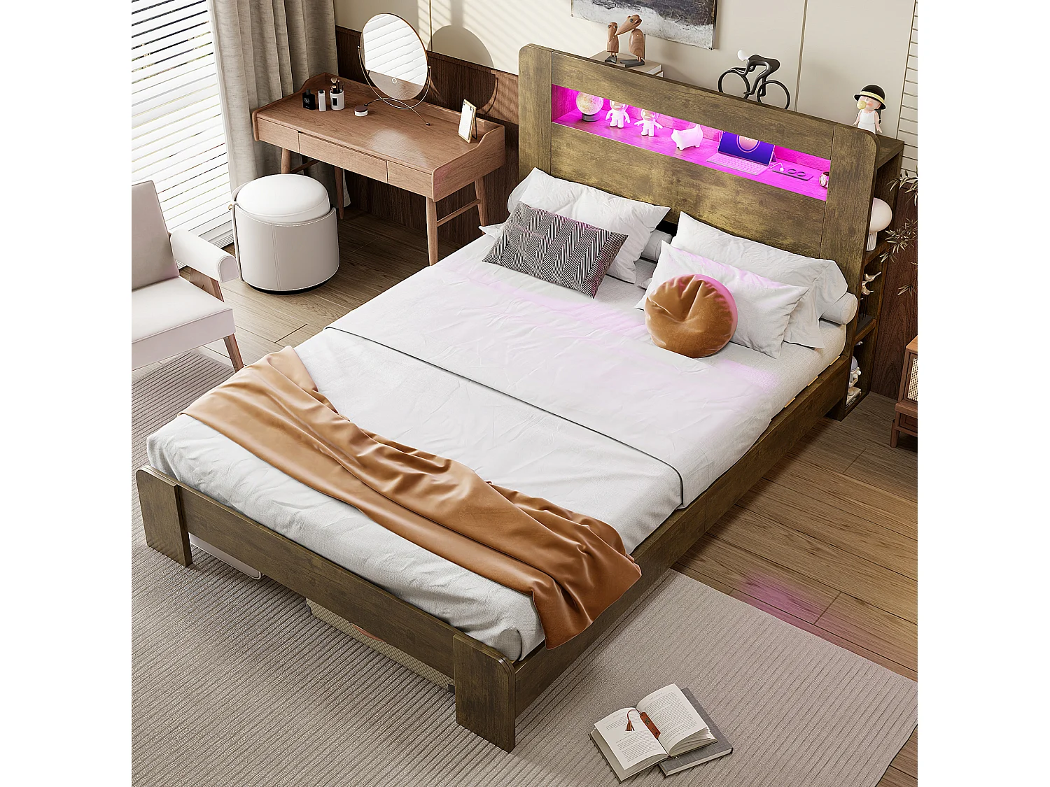 Cama adulta de 140x200 cm con almacenamiento, iluminación LED integrada y tomas de corriente - Color madera oscura