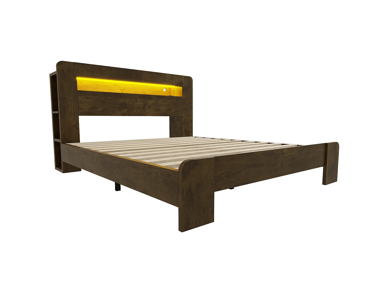 Cama adulta de 140x200 cm con almacenamiento, iluminación LED integrada y tomas de corriente - Color madera oscura