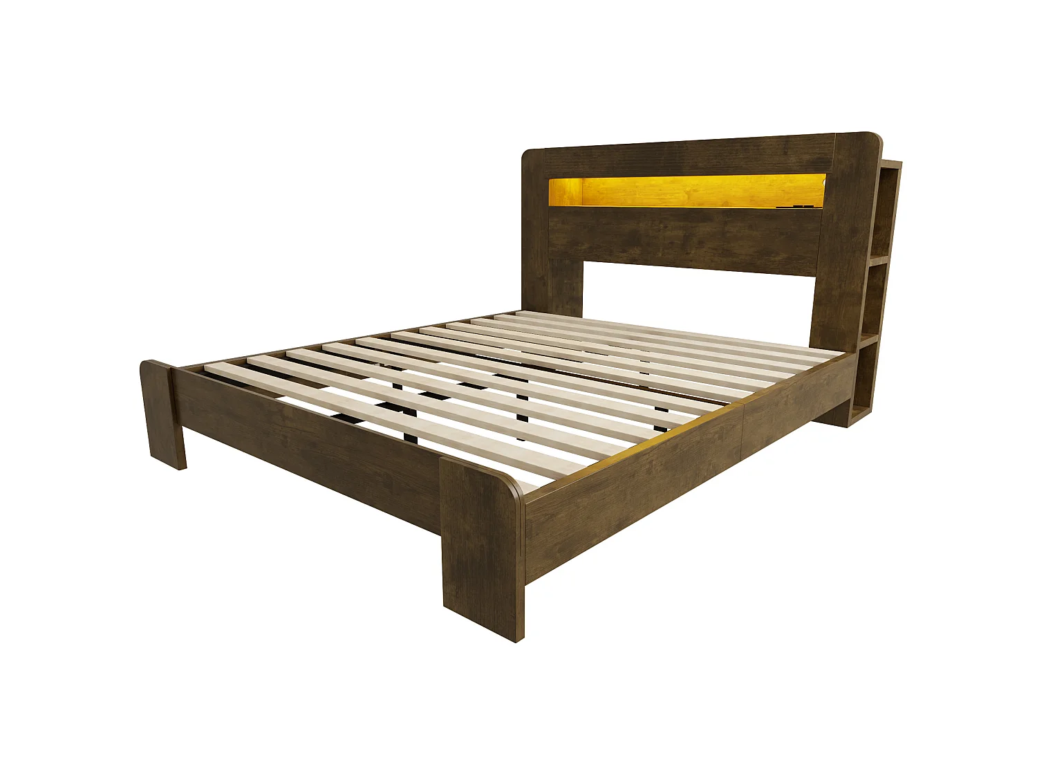 Cama adulta de 140x200 cm con almacenamiento, iluminación LED integrada y tomas de corriente - Color madera oscura