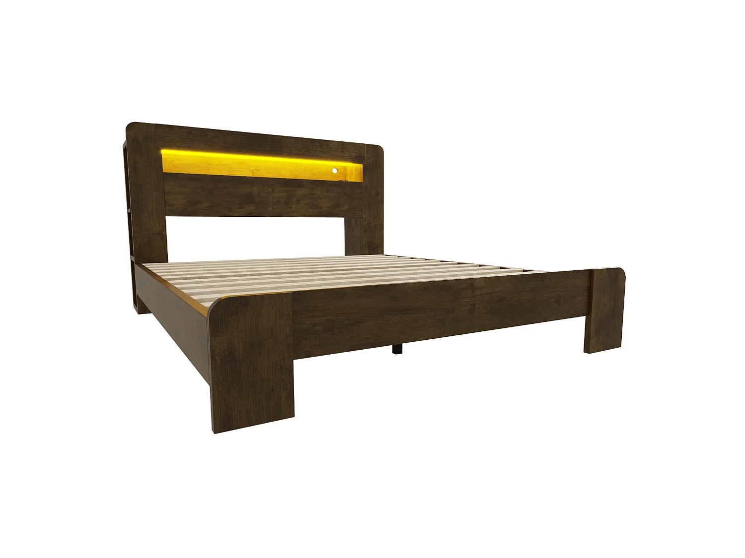 Cama adulta de 140x200 cm con almacenamiento, iluminación LED integrada y tomas de corriente - Color madera oscura