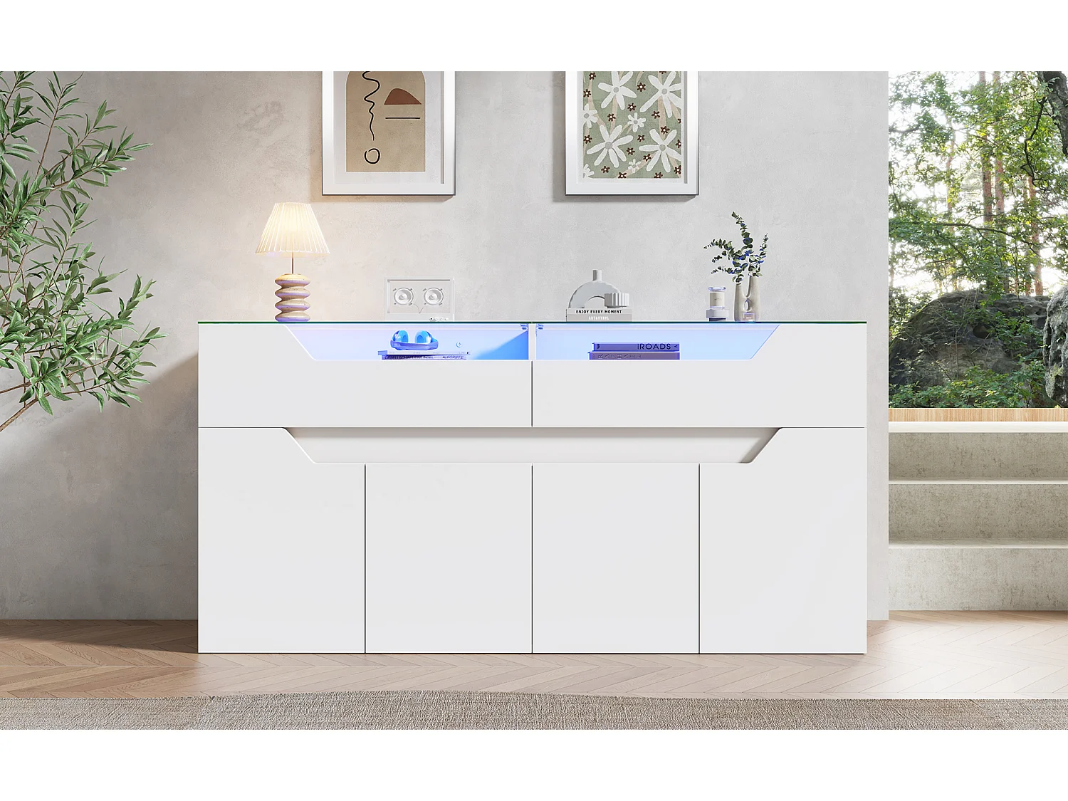 Buffet 140 x 40 x 70 cm avec plateau en verre trempé , 2 tiroirs et 4 portes - Blanc