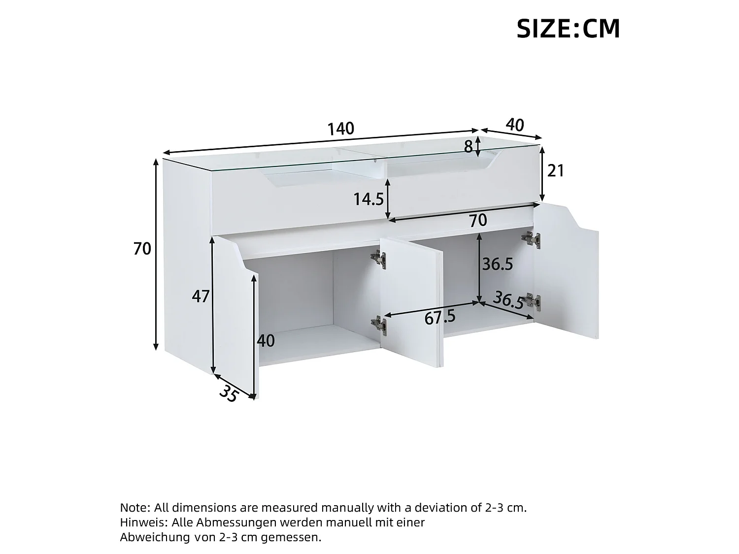 Buffet 140 x 40 x 70 cm avec plateau en verre trempé , 2 tiroirs et 4 portes - Blanc