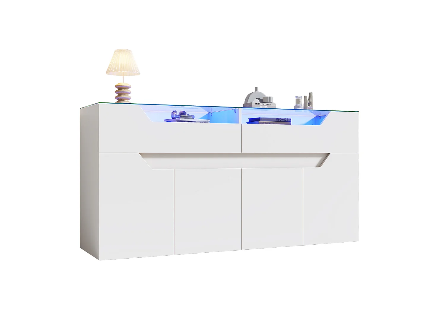 Buffet 140 x 40 x 70 cm avec plateau en verre trempé , 2 tiroirs et 4 portes - Blanc