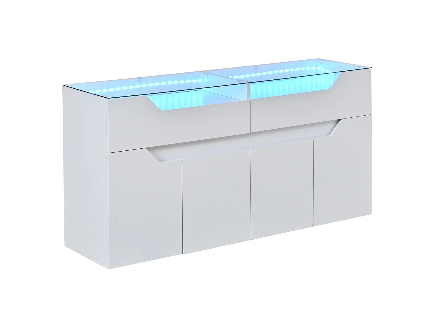 Buffet 140 x 40 x 70 cm avec plateau en verre trempé , 2 tiroirs et 4 portes - Blanc