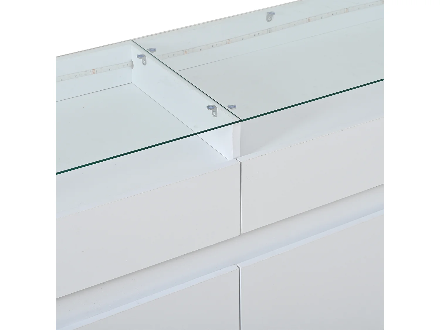 Buffet 140 x 40 x 70 cm avec plateau en verre trempé , 2 tiroirs et 4 portes - Blanc