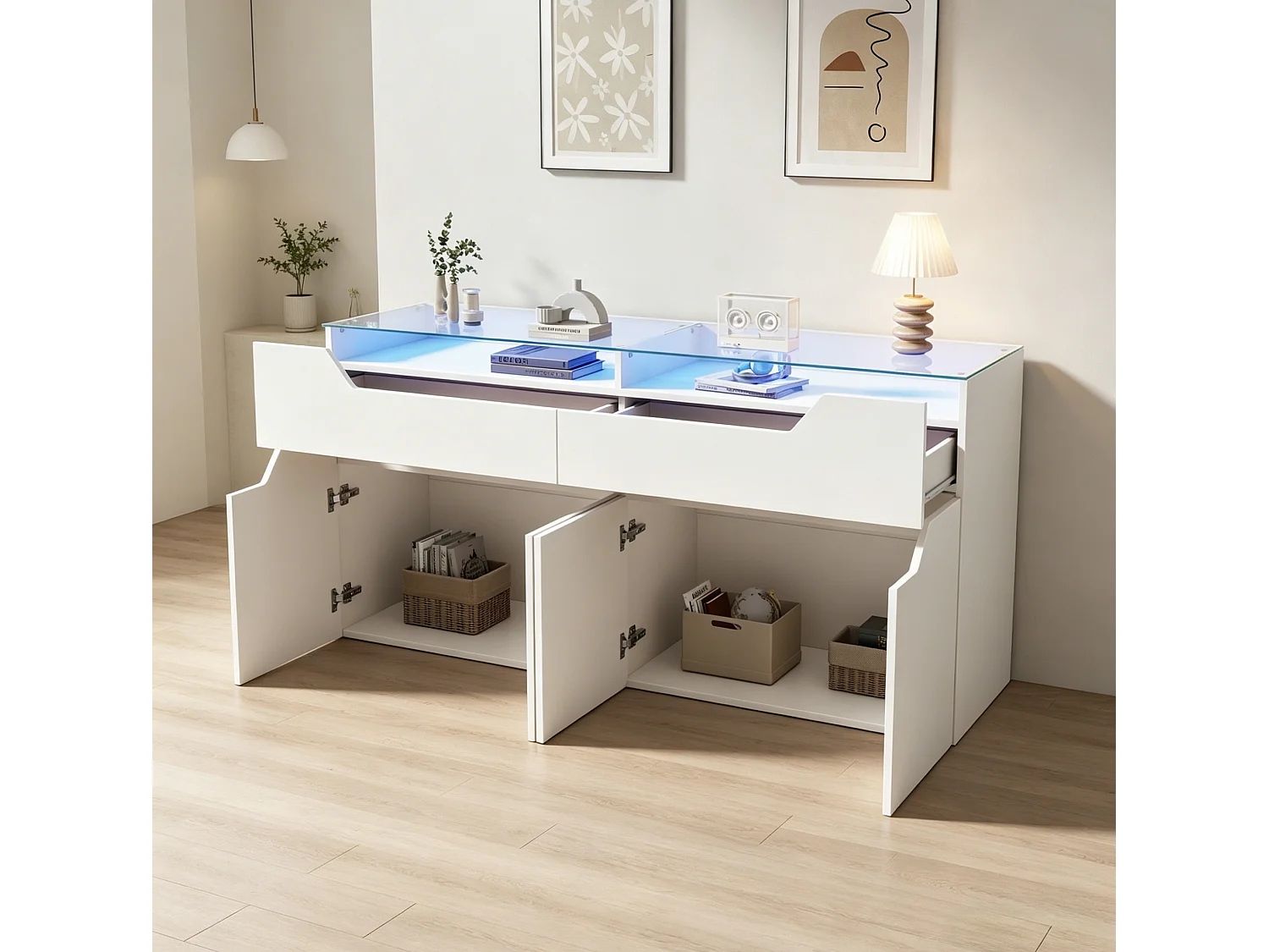 Buffet 140 x 40 x 70 cm avec plateau en verre trempé , 2 tiroirs et 4 portes - Blanc