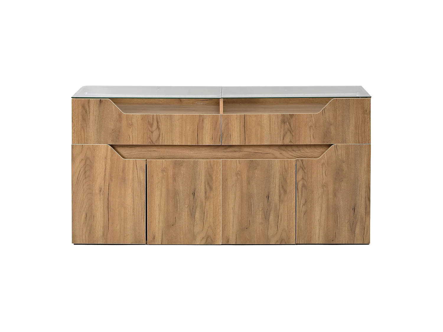 Buffet 140 x 40 x 70 cm avec plateau en verre trempé , 2 tiroirs et 4 portes - Couleur bois