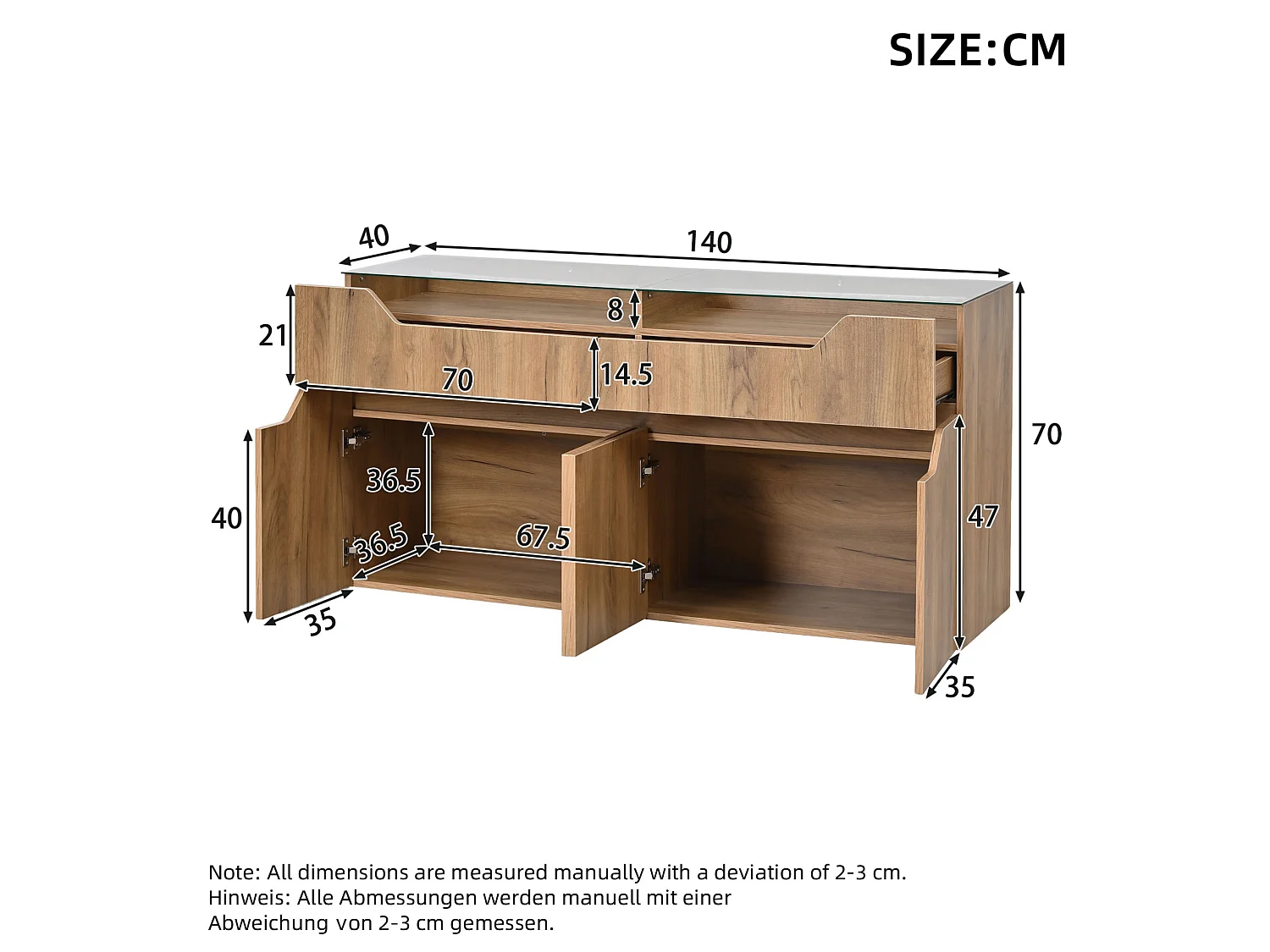 Buffet 140 x 40 x 70 cm avec plateau en verre trempé , 2 tiroirs et 4 portes - Couleur bois