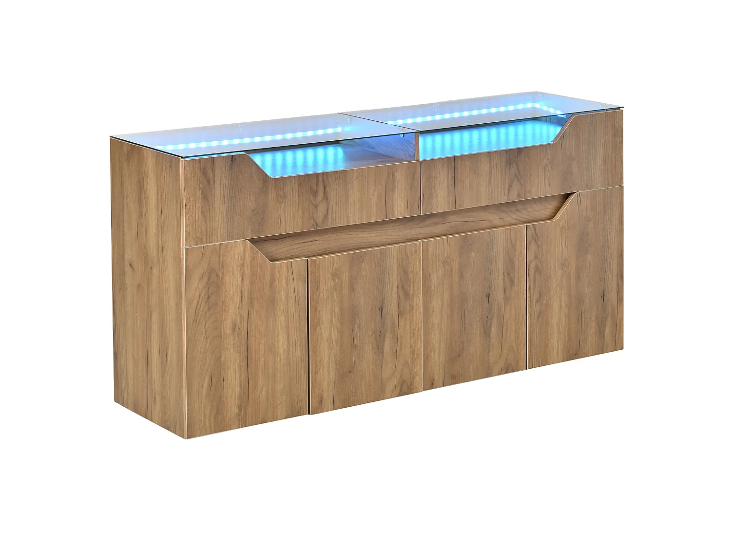Buffet 140 x 40 x 70 cm avec plateau en verre trempé , 2 tiroirs et 4 portes - Couleur bois