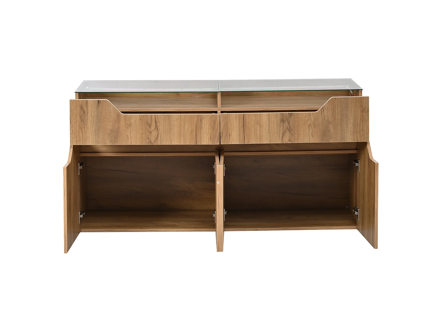Buffet 140 x 40 x 70 cm avec plateau en verre trempé , 2 tiroirs et 4 portes - Couleur bois