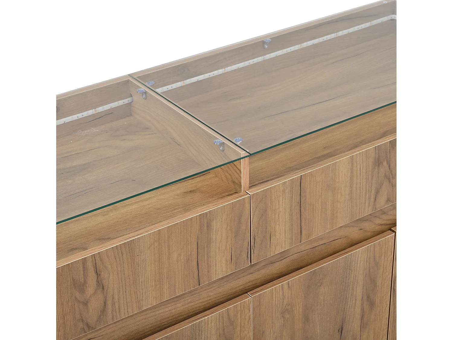 Buffet 140 x 40 x 70 cm avec plateau en verre trempé , 2 tiroirs et 4 portes - Couleur bois