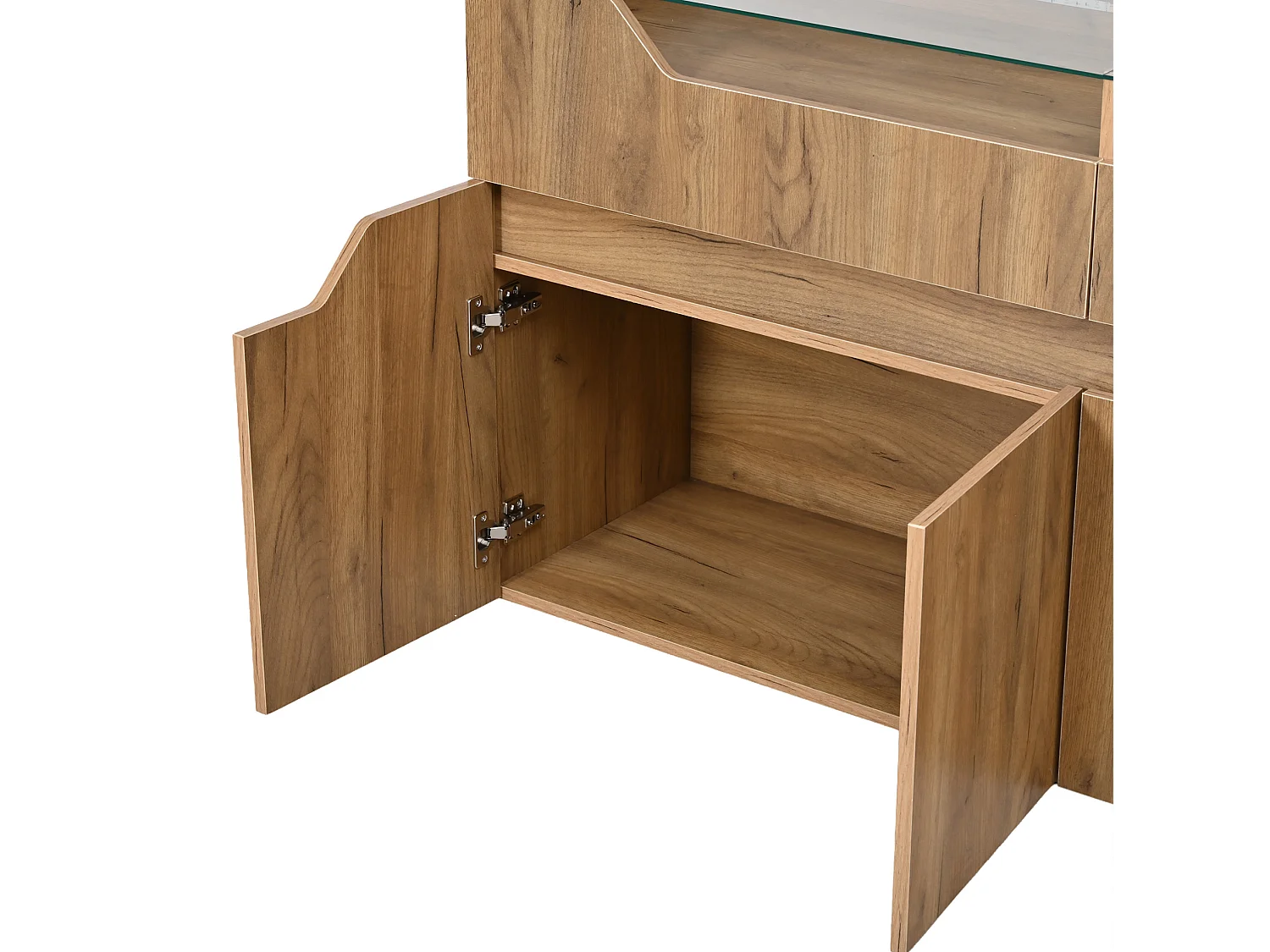 Buffet 140 x 40 x 70 cm avec plateau en verre trempé , 2 tiroirs et 4 portes - Couleur bois