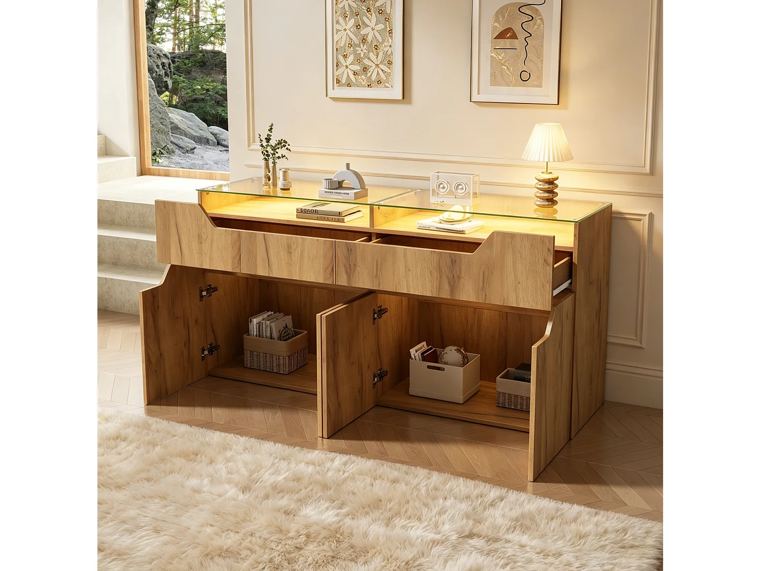 Buffet 140 x 40 x 70 cm avec plateau en verre trempé , 2 tiroirs et 4 portes - Couleur bois
