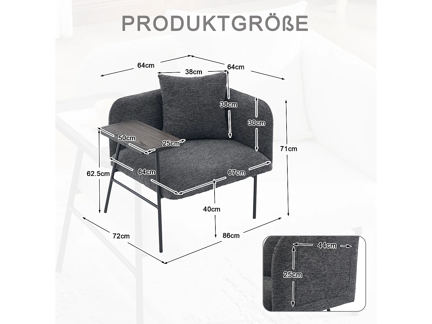 Fauteuil en chenille avec table d'appoint et 2 poches de rangement - Gris foncé