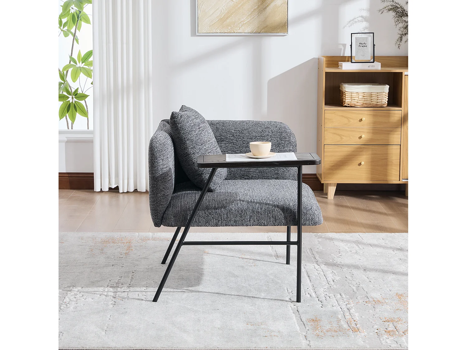 Fauteuil en chenille avec table d'appoint et 2 poches de rangement - Gris foncé