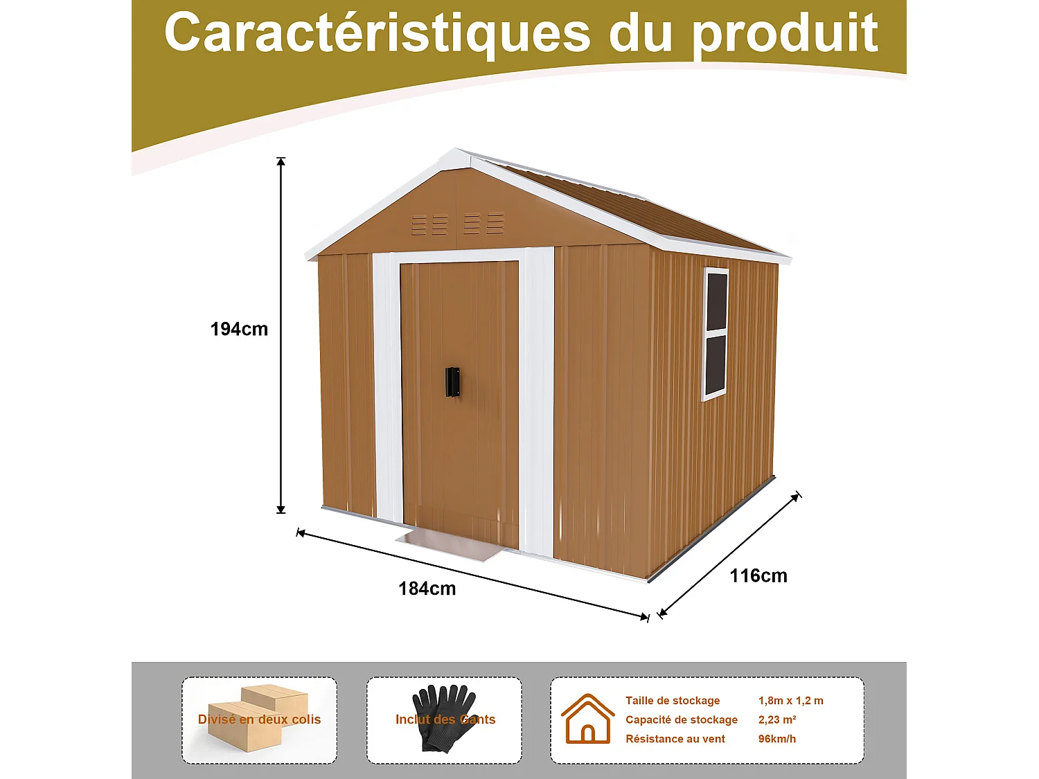 Abri de jardin en acier 184 x 116 cm – Avec porte verrouillable et ventilation, sans plancher – Marron