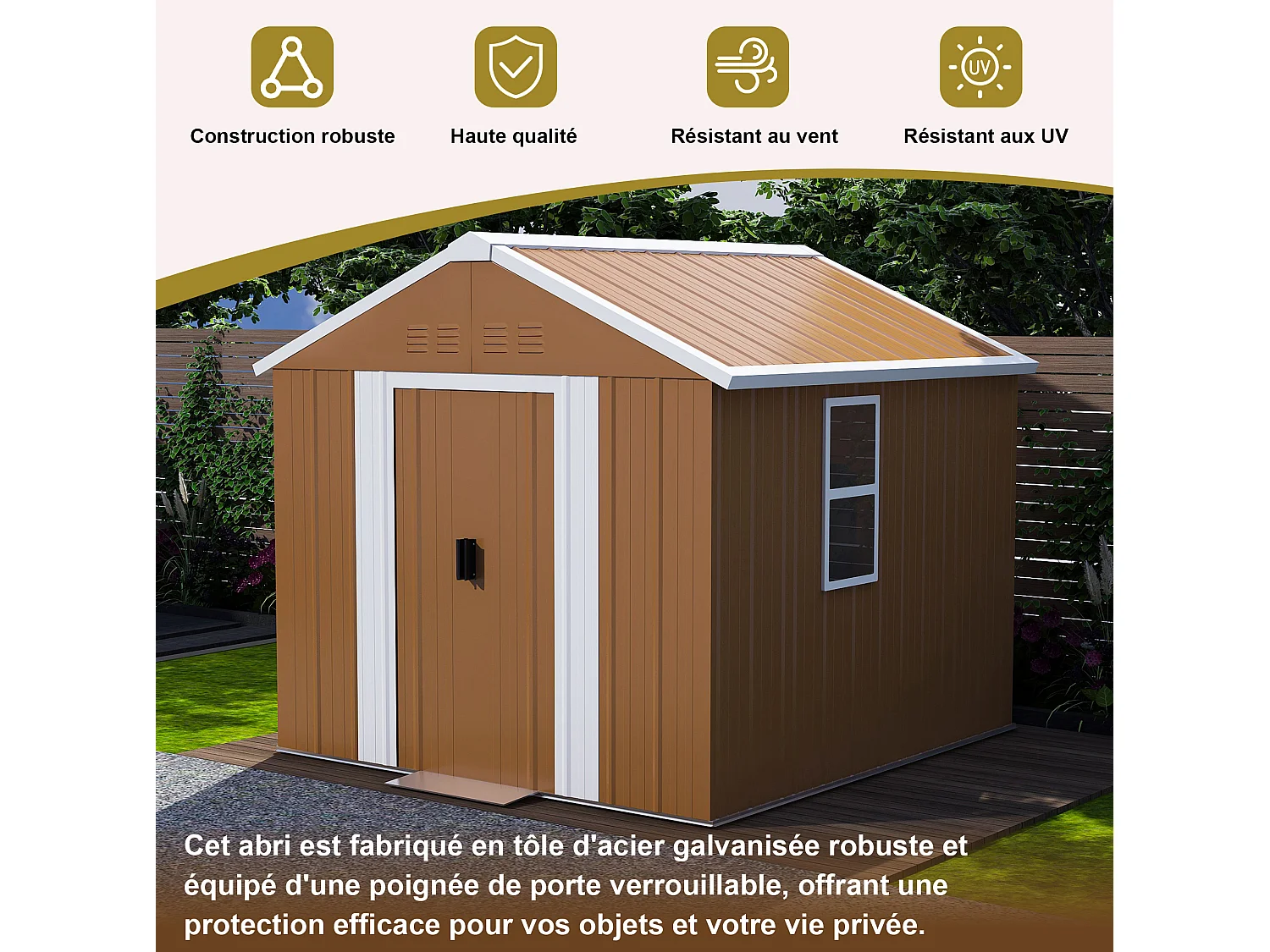 Abri de jardin en acier 184 x 116 cm – Avec porte verrouillable et ventilation, sans plancher – Marron