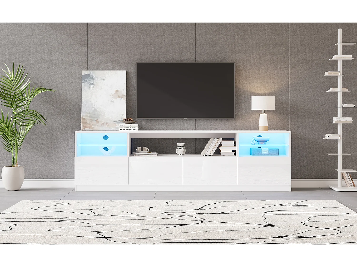 Meuble TV finition brillant 180 x 35 x 60 cm avec 4 portes - Blanc