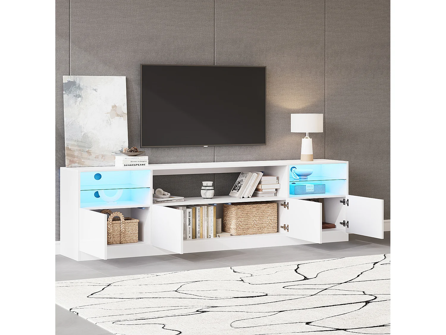 Meuble TV finition brillant 180 x 35 x 60 cm avec 4 portes - Blanc