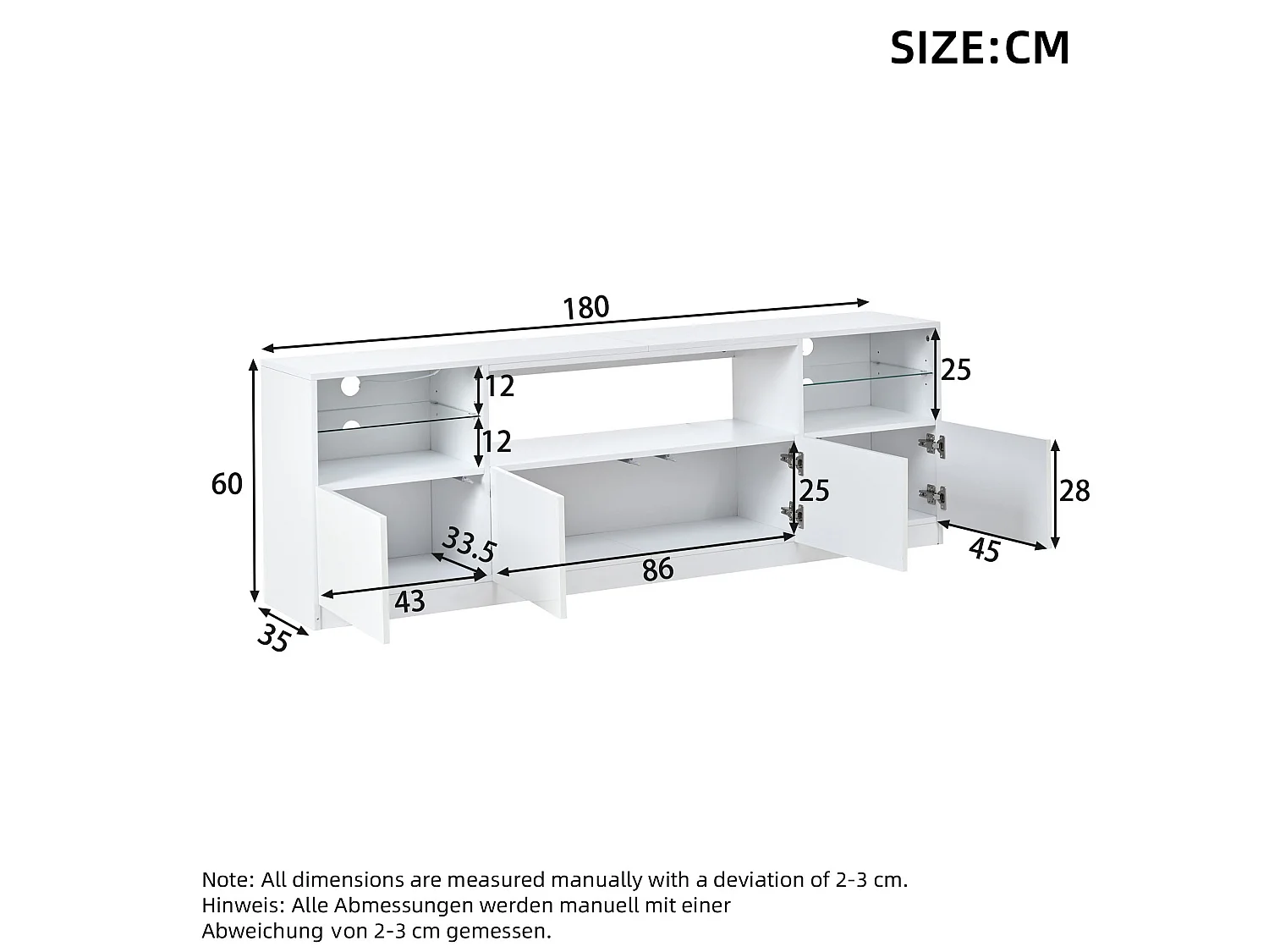 Meuble TV finition brillant 180 x 35 x 60 cm avec 4 portes - Blanc