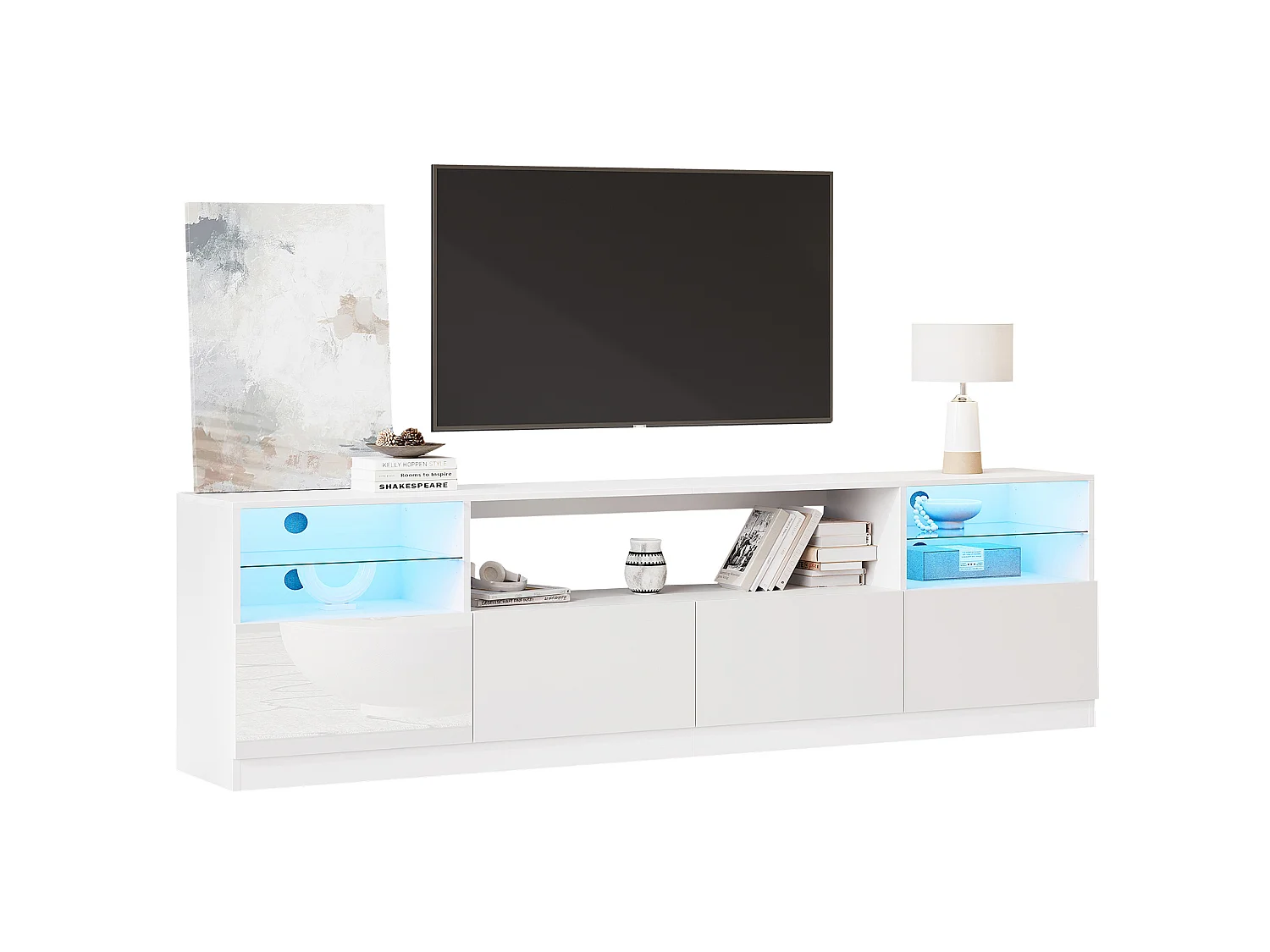 Meuble TV finition brillant 180 x 35 x 60 cm avec 4 portes - Blanc