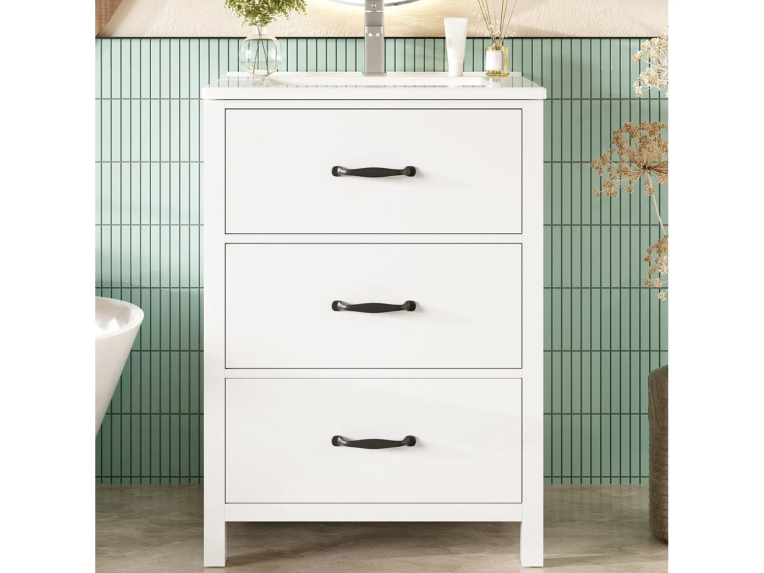 Vrijstaand badkamermeubel met inbouwwastafel en 3 lades – Wit 61 x 47 x 83 cm
