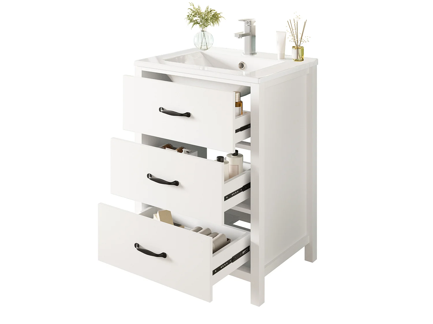 Vrijstaand badkamermeubel met inbouwwastafel en 3 lades – Wit 61 x 47 x 83 cm