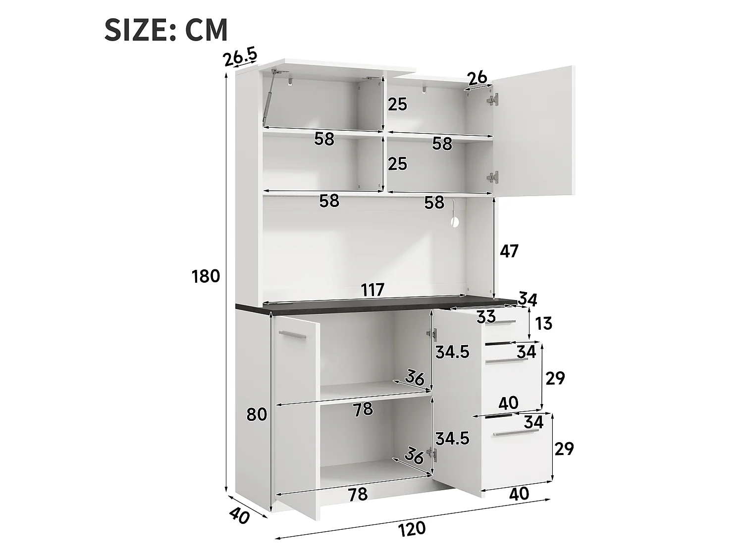 Keukenkast 120 × 40 × 180 cm met opbergruimte, stopcontact en ledverlichting - Wit