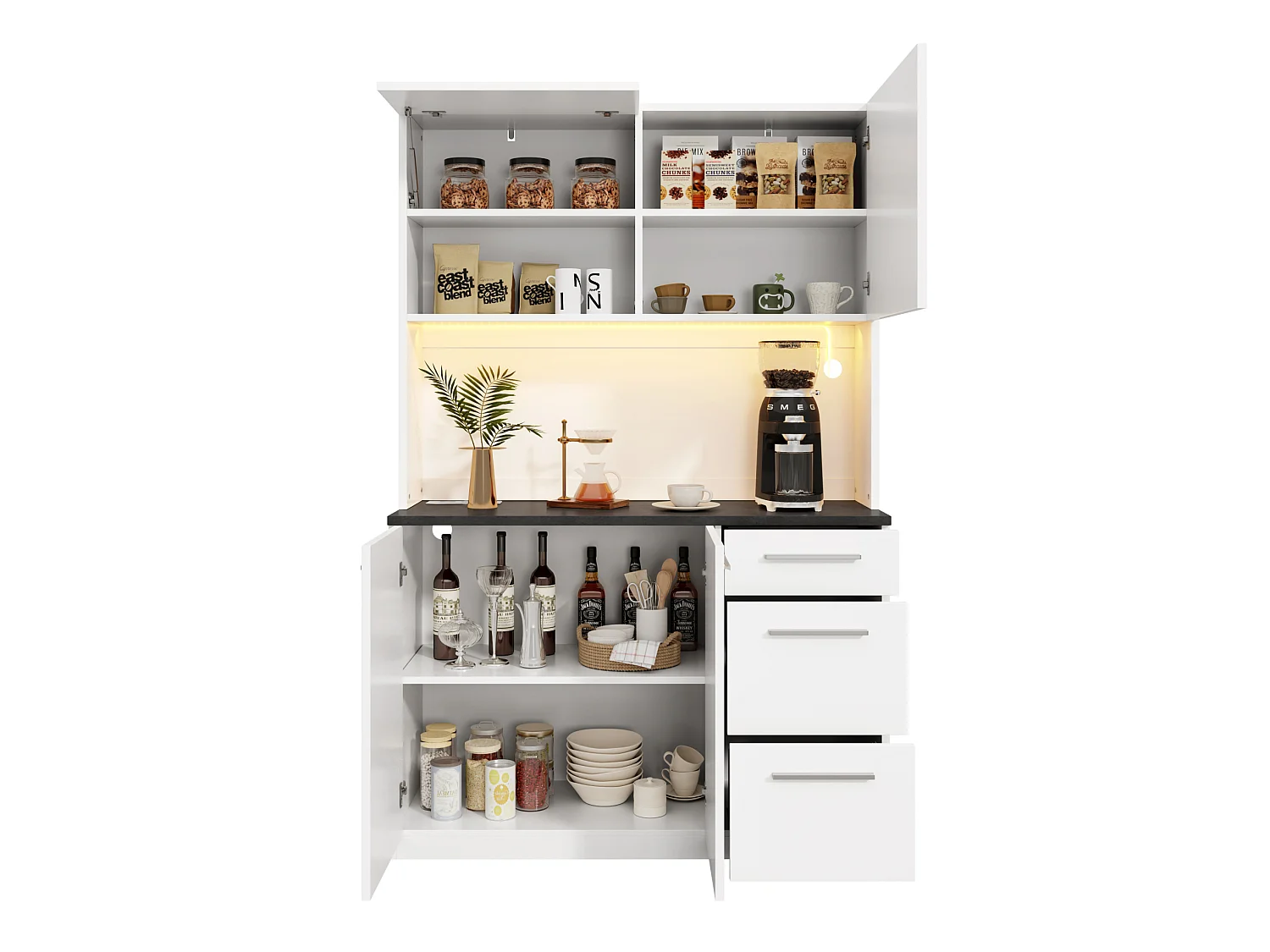 Keukenkast 120 × 40 × 180 cm met opbergruimte, stopcontact en ledverlichting - Wit