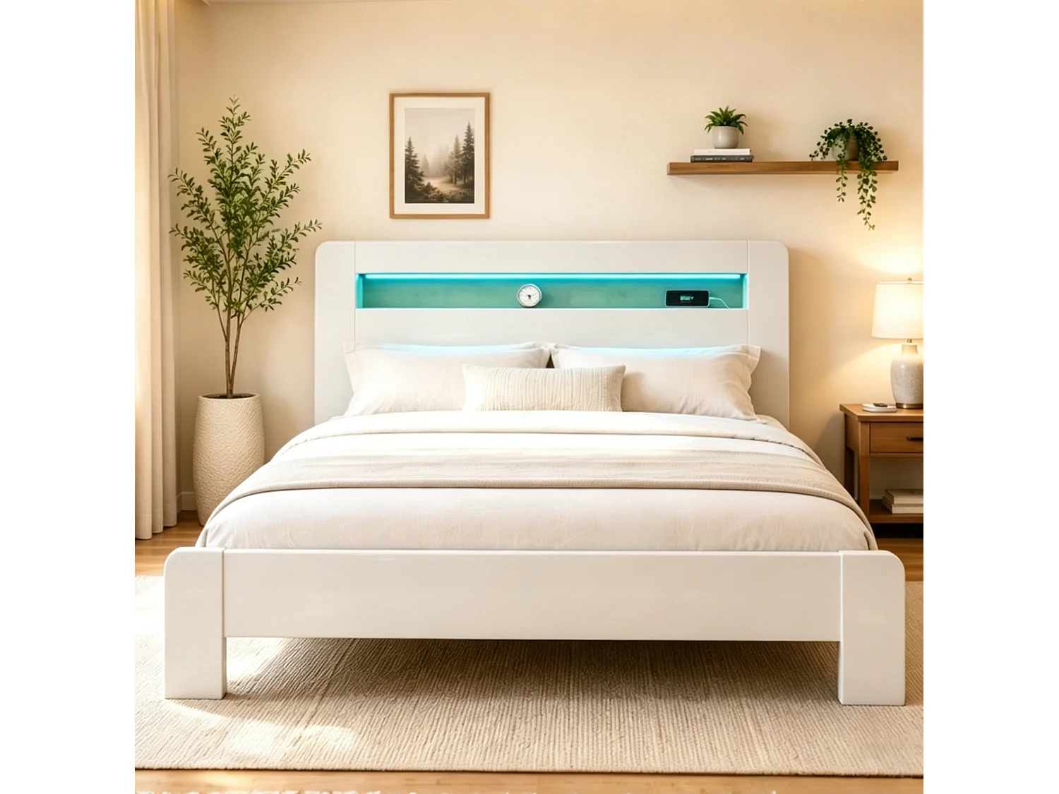 Cama de adulto de 180x200 cm con almacenamiento, iluminación LED integrada y enchufes - Cama doble de madera blanca
