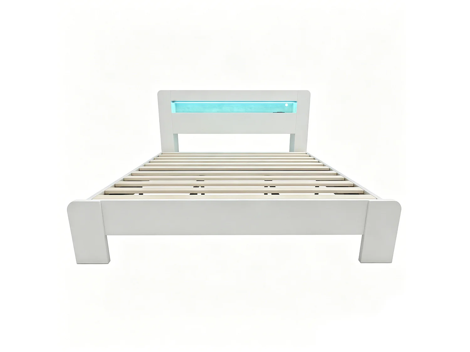 Cama de adulto de 180x200 cm con almacenamiento, iluminación LED integrada y enchufes - Cama doble de madera blanca